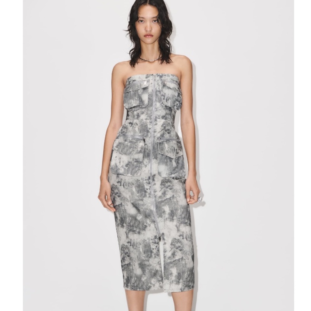 NEW! Zara Strapless Midi Dress in Gray Camo Print